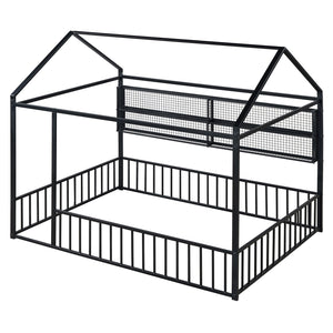 English Elm Full Metal House Bed Frame Full Size with Built-In Fence and 4 Grid Shelves for Durable Storage and Style Black N737P175361B