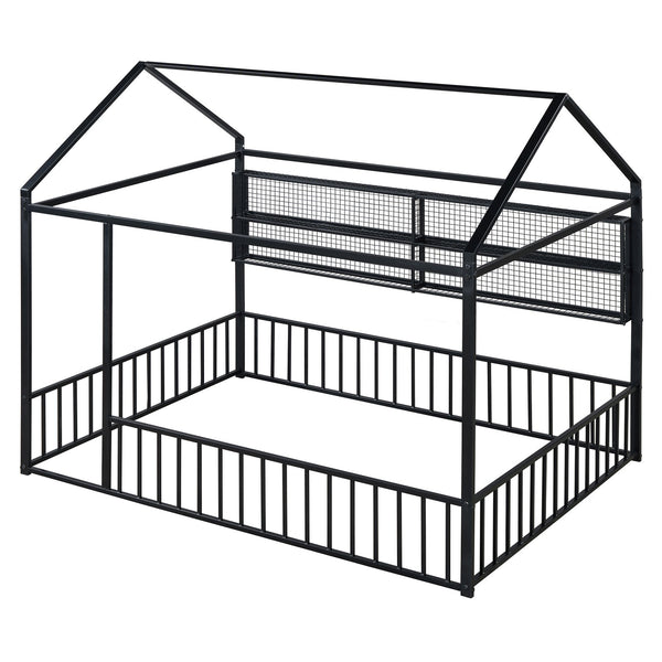 English Elm Full Metal House Bed Frame Full Size with Built-In Fence and 4 Grid Shelves for Durable Storage and Style Black N737P175361B