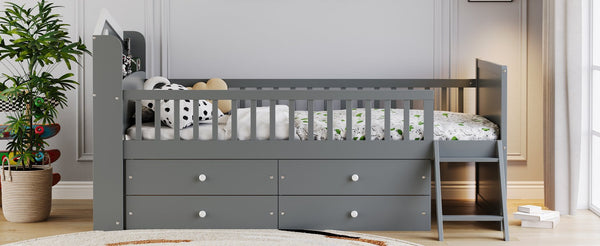 English Elm Twin Bed Frame with Storage Drawers and House Headboard, Kids Platform Bed with Guardrail Ladder and Shelf Gray 49.3 L x 16.25 W x 7.75 H N733S278032E