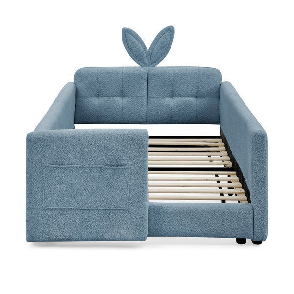 English Elm Twin Boucle Upholstered Kids Bed Whimsical Rabbit Ear Headboard with Safety Rail Sky Blue W1413P407487