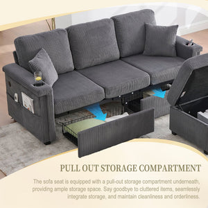 English Elm UNITED Corduroy L-Shaped Sectional Sofa with Storage Ottoman, USB Ports, Cup Holders & LED Lighting Dark Gray W1568P332407
