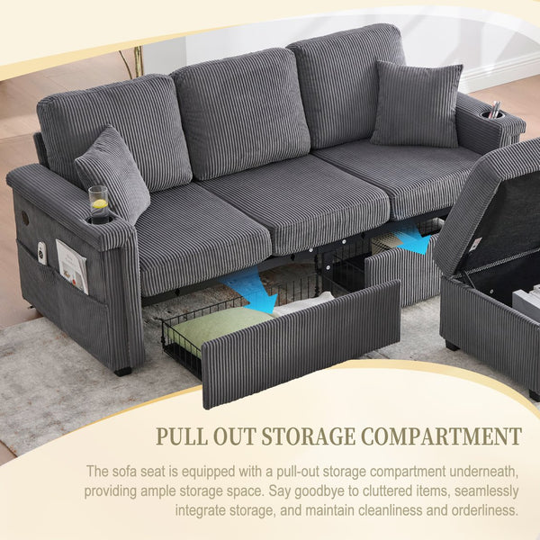 English Elm UNITED Corduroy L-Shaped Sectional Sofa with Storage Ottoman, USB Ports, Cup Holders & LED Lighting Dark Gray W1568P332407