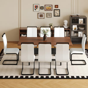 English Elm Table And Chair Set - 71" Walnut Grain Dining Table With 8 White Pu Chairs & Black Metal Legs W1151S04277-GIGA