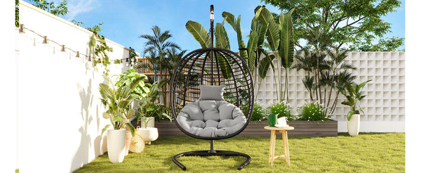 English Elm U_style Wicker Hanging Egg Chair with Stand Hdpe Cocoon Swing for Balcony Garden Black+ Gray N711P389503E
