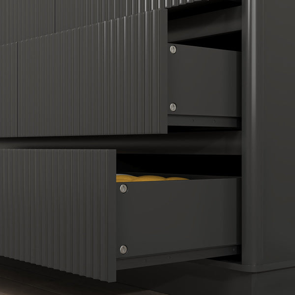 English Elm 9 Drawer Matte Wood Dresser with Wave Front Mid Century Modern Low Profile Storage Black W409P387577