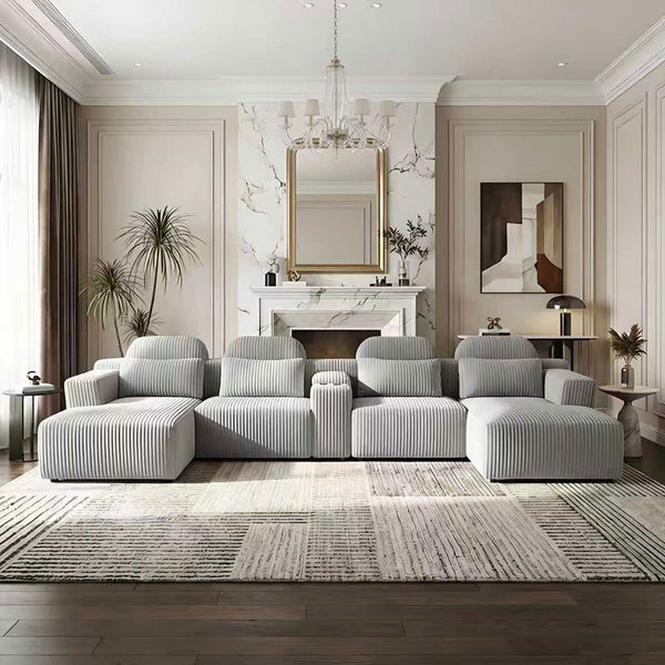 English Elm Modern Corduroy Upholstered L-shaped Sectional with Chaise for Family Living Rooms Gray W5156S00001