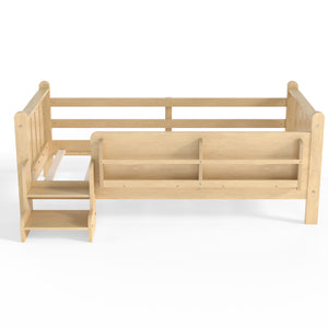 English Elm Twin Pine Floor Bed with Guardrails Built-in Bookcases and Stair Steps for Kids W1580P430184