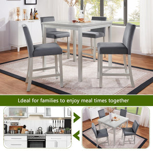 English Elm 5 Piece Counter Height Table Set - Stylish Square Dining Table With 4 Upholstered Chairs, Silver Grey W1998S00070