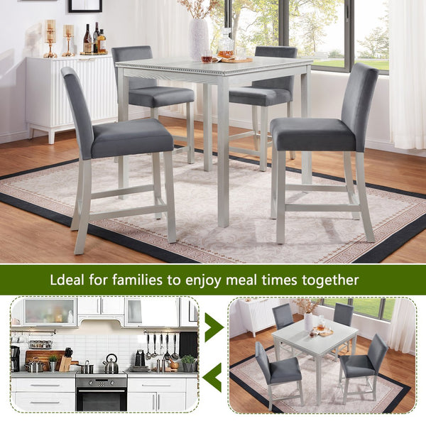 English Elm 5 Piece Counter Height Table Set - Stylish Square Dining Table With 4 Upholstered Chairs, Silver Grey W1998S00070