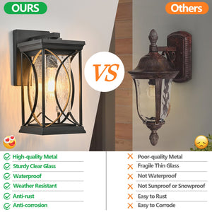 English Elm 14"(H) Black Outdoor Wall Lantern with Crackled Glass - Weatherproof Modern Porch Sconce, E26 Ready, Durable Metal Frame W2312P374978
