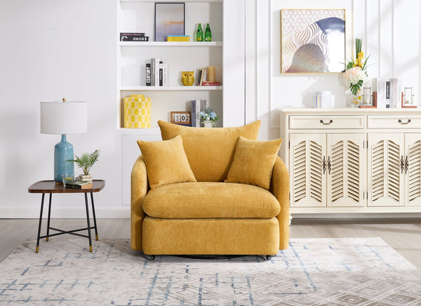English Elm 360° 360 Swivel Oversized Chenille Armchair with Pocket Spring Seat and Three Throw Pillows Yellow W1361S00070