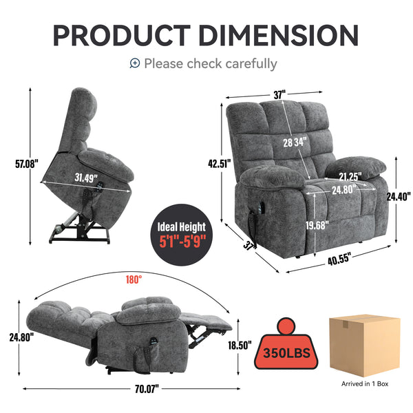 English Elm Lift Power Recliner Chenille Chair Dual Motor Massage Heat 350 Lb Capacity Living Room Grey W3224P288618