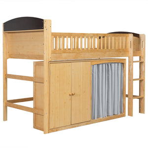English Elm Twin Loft Bed with Wardrobe Cabinet Led Lighting and Pine Frame for Kids Rooms Wood N7090002235M