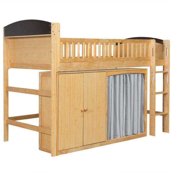 English Elm Twin Loft Bed with Wardrobe Cabinet Led Lighting and Pine Frame for Kids Rooms Wood N7090002235M