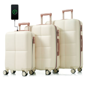 English Elm Luggage 3 Piece Abs Hard Shell Set with Usb Port Cup Holder and Spinner Wheels Beige+Gold N726P170956R