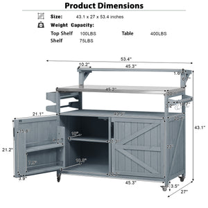 English Elm K&K 53.3" Outdoor Kitchen Island with 1.2" Stainless Top, Spacious Storage, Raised Shelf, Wheels Grey+Blue N707P250628G