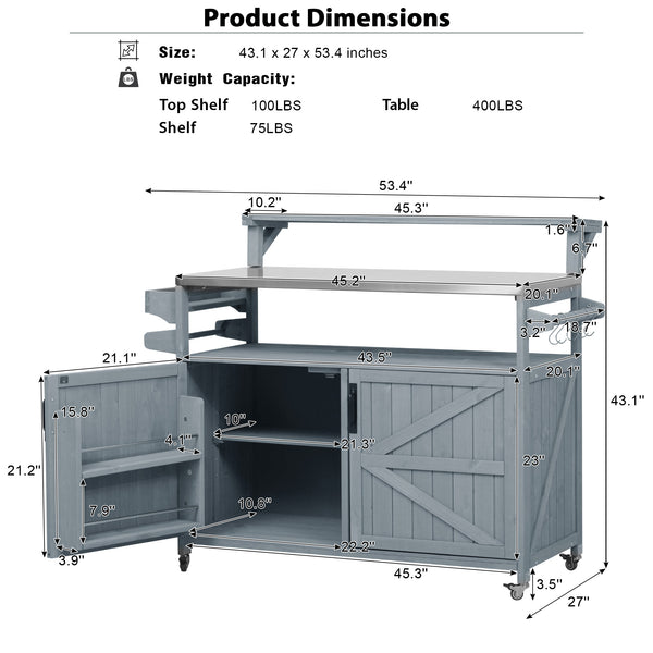 English Elm K&K 53.3" Outdoor Kitchen Island with 1.2" Stainless Top, Spacious Storage, Raised Shelf, Wheels Grey+Blue N707P250628G