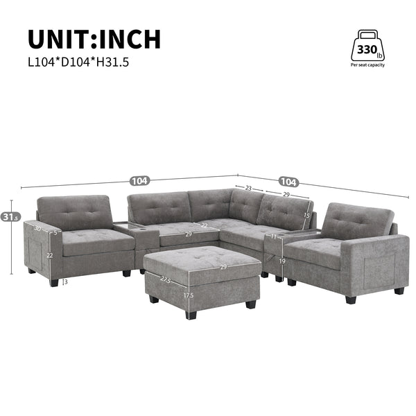 English Elm [new U-shaped Chenille Sectional Six Seat Tufted Couch with Usb Charging Storage Gray N723S1191E