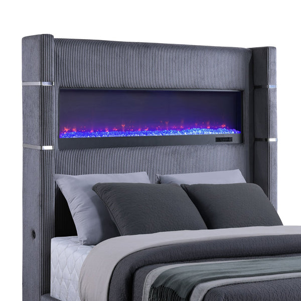 English Elm Haven Plush Grey Upholstered Queen Bed with Corduroy Texture and Remote-Control LED Flame Box Ambience B062P342729