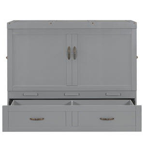English Elm Full Size Murphy Wall Bed with Storage Drawer Usb Ports and Metal Handles for Small Spaces LP000669AAE