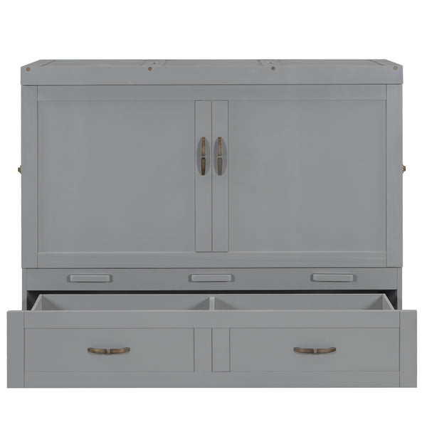 English Elm Full Size Murphy Wall Bed with Storage Drawer Usb Ports and Metal Handles for Small Spaces LP000669AAE