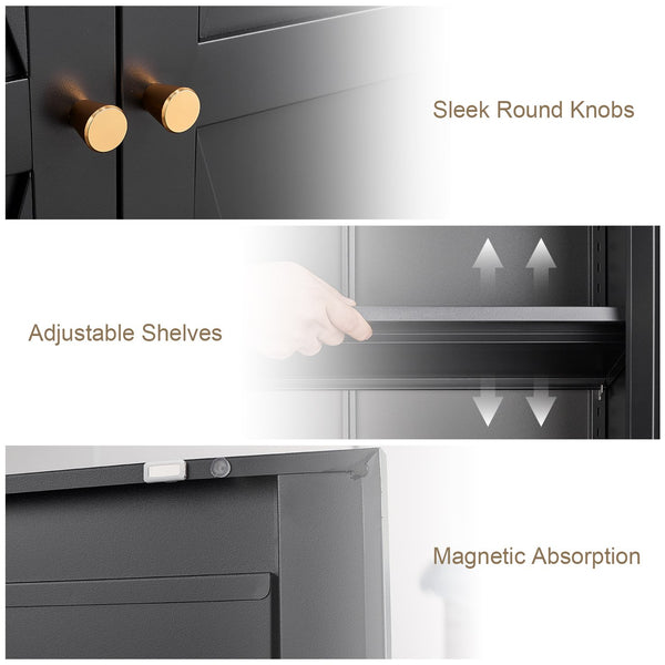 English Elm 2 Door Steel Pantry Cabinet Powder Coated Finish Gold Hardware Adjustable Shelves Tall Storage Black T3625P366653