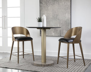Sunpan Dezirae Barstool - Stylish Curved Back Design with Genuine Leather Seat and Unique Craftsmanship Antique Brass / Charcoal Black Leather