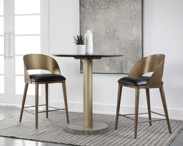 Sunpan Dezirae Barstool - Stylish Curved Back Design with Genuine Leather Seat and Unique Craftsmanship Antique Brass / Charcoal Black Leather