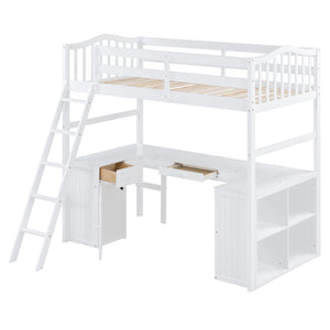 English Elm Twin Loft Bed with Desk Drawers Cabinet Shelves Solid Pine Wood White Finish LT0001505AAK-1