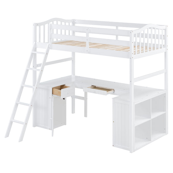 English Elm Twin Loft Bed with Desk Drawers Cabinet Shelves Solid Pine Wood White Finish LT0001505AAK-1