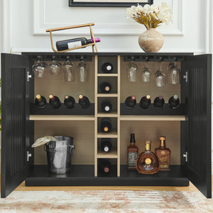English Elm Mid Century Fluted Buffet Sideboard with Integrated Wine Rack and Glass Holder Storage Black W1801P454198