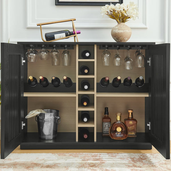 English Elm Mid Century Fluted Buffet Sideboard with Integrated Wine Rack and Glass Holder Storage Black W1801P454198
