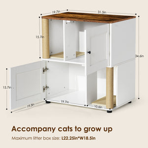 English Elm Double Cat Litter Enclosure Cabinet for Two Cats with Scratching Post, Dual Tray Storage, White Vintage W1687P221394