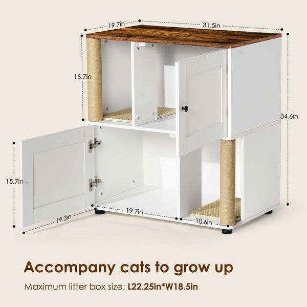 English Elm Double Cat Litter Enclosure Cabinet for Two Cats with Scratching Post, Dual Tray Storage, White Vintage W1687P221394