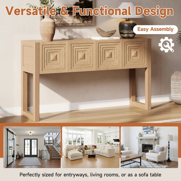 English Elm [video] Art Deco Console Table Geometric Carved Fronts Fluted Legs 3 Soft-close Drawers Light Brown N759P433572T