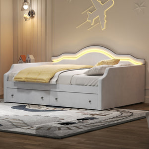English Elm Full Size Upholstered Daybed With Led Accent, 2 Storage Drawers, Velvet Finish In Elegant Beige N7500001852A
