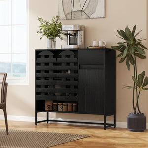 English Elm Buffet Black Woven Arched Door Sideboard with Adjustable Shelves, Metal Legs, Drawer, Entryway-Friendly W2977P338264