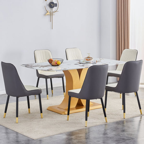 English Elm Table Luxurious Glass Dining Set With Golden C-Shaped Legs & 6 Ergonomic Pu Chairs For Modern Homes W1151S03246-GIGA