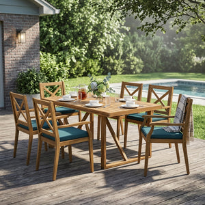 English Elm 7 Piece Acacia Wood Outdoor Dining Set Teak Finish Six High Back Chairs Patio N762S000043AAC