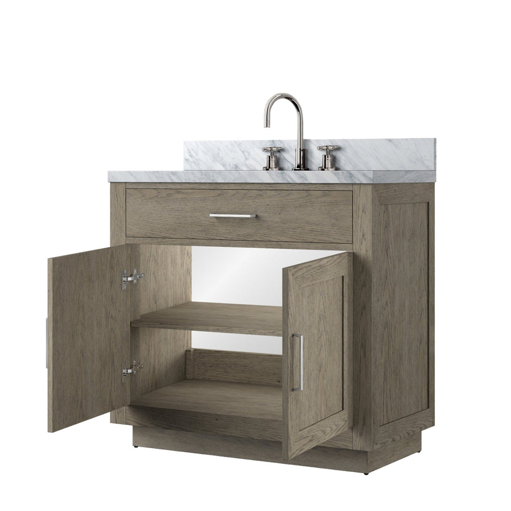 English Elm Grey Oak Single Bath Vanity With Carrara Marble Top & Chrome Faucet Set – Stylish Storage Solution! B2731P257687