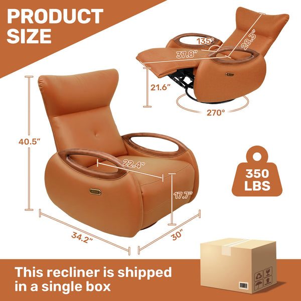 English Elm Power Reclining Swivel Chair Eco Leather Oak Armrests 260 Degree Lounge Seating Orange W3795P502502