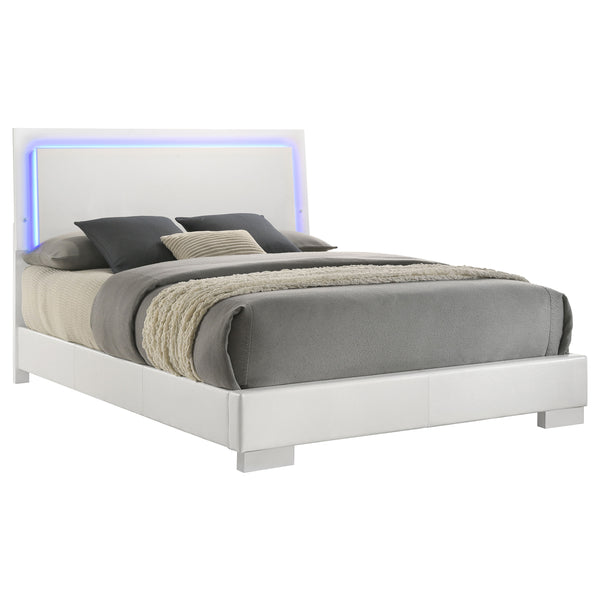 English Elm Strick White High Gloss Queen LED Panel Bed with Solid Wood/MDF, Slatted Design, Energy-Saving Light B062S00671