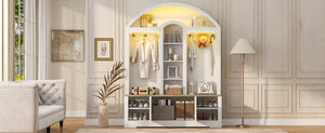 English Elm Multi-functional Hall Tree with Mdf Body Open Shelves Hooks and Scandinavian Two-tone Style White+Walnut SJ000158AAK