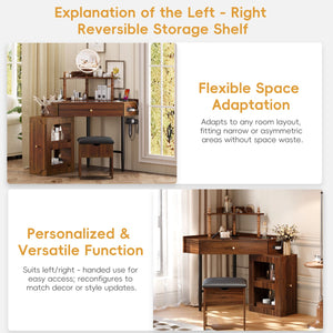 English Elm Corner Vanity Desk Set with Stool Charging Station Glass Top Pull-Out Cabinet Jewelry Organizer Walnut 35.82 L x 32 W x 8 H N733P336237D