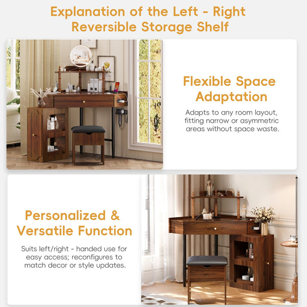 English Elm Corner Vanity Desk Set with Stool Charging Station Glass Top Pull-Out Cabinet Jewelry Organizer Walnut 35.82 L x 32 W x 8 H N733P336237D