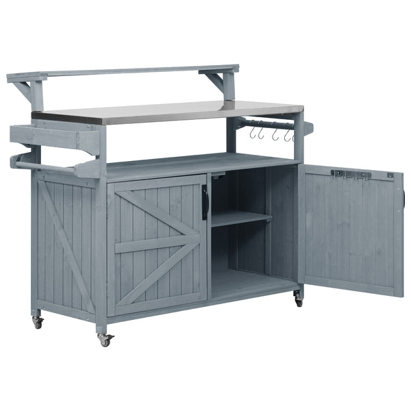 English Elm K&K 53.3" Outdoor Kitchen Island with 1.2" Stainless Top, Spacious Storage, Raised Shelf, Wheels Grey+Blue N707P250628G