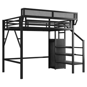 English Elm Twin Metal High Loft Bed with Staircase Storage Wardrobe for Kids and Teens Black W2580S00060