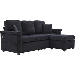 English Elm UNITED Corduroy L-Shaped Sectional Sofa with Storage Ottoman, USB Ports, Cup Holders & LED Lighting Black W1568P332409