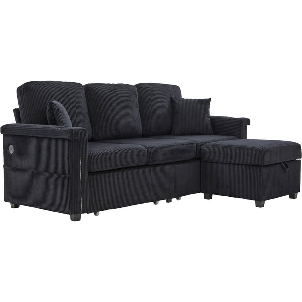English Elm UNITED Corduroy L-Shaped Sectional Sofa with Storage Ottoman, USB Ports, Cup Holders & LED Lighting Black W1568P332409