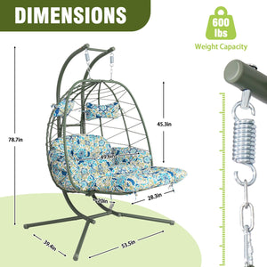 English Elm 2 Person Wicker Hanging Egg Chair with Stand Cushions Footrest Patio Swing Seat T5880P500221